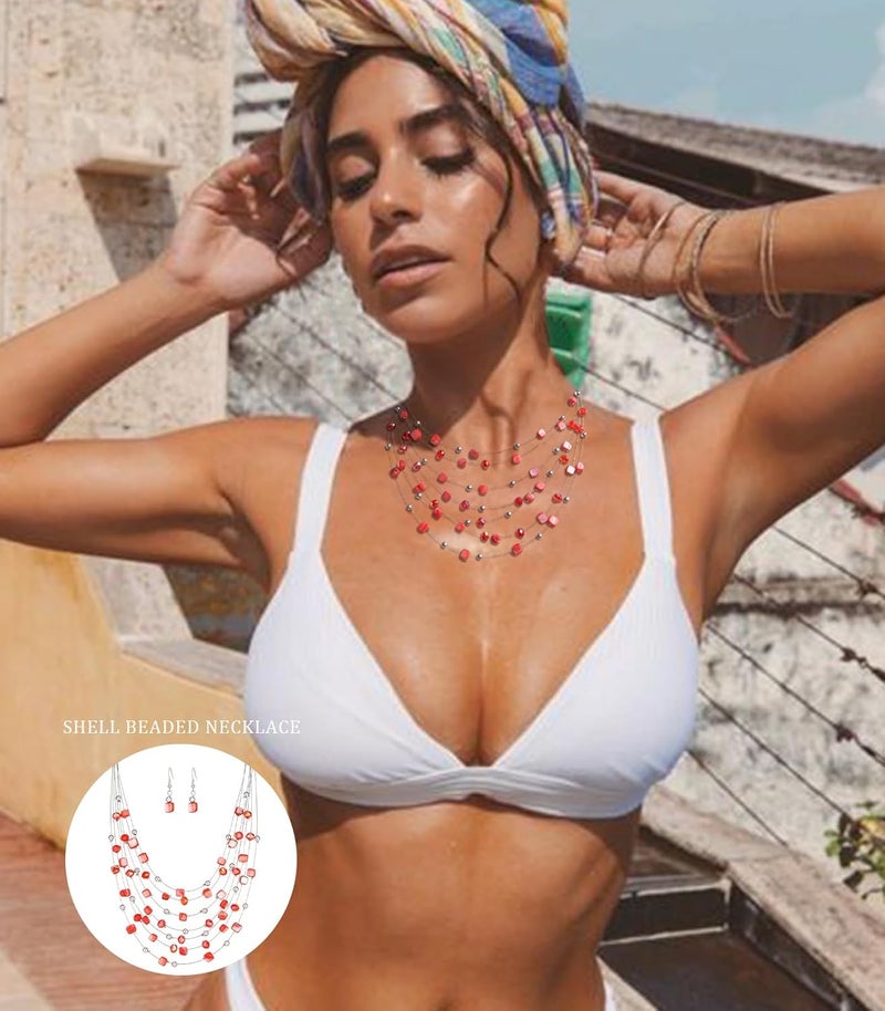 Errally Store Multi-Layer Boho Shell Beaded Necklace for Women Colorful Crystal Strand with Silver Beads Statement Collars Necklace and Earrings Costumes Jewelry Sets for Women - Image 3